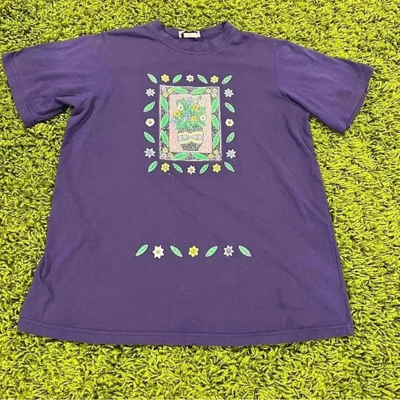 Vintage 80s Pastel Floral Embellished Tee Shirt - Picture 1 of 8